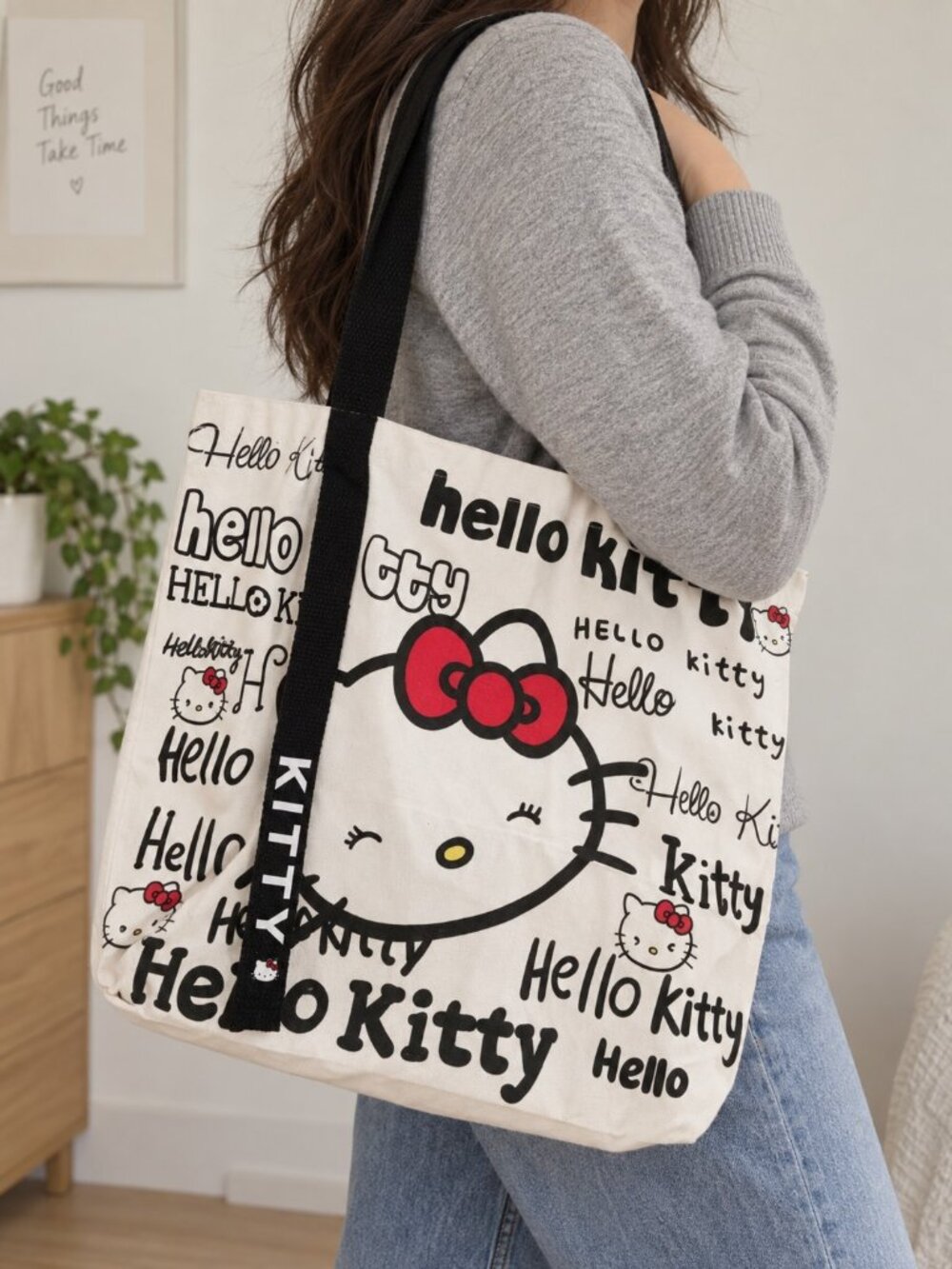 Hello Kitty Tote Bag White Canvas Red Bow Black Straps Open Top Shoulder Bag NEW